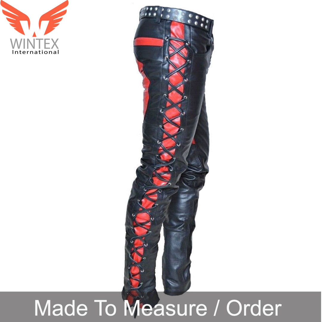 Men’s Real Leather Bikers Pants Side And Front Laces Up Contrast Leather Pants