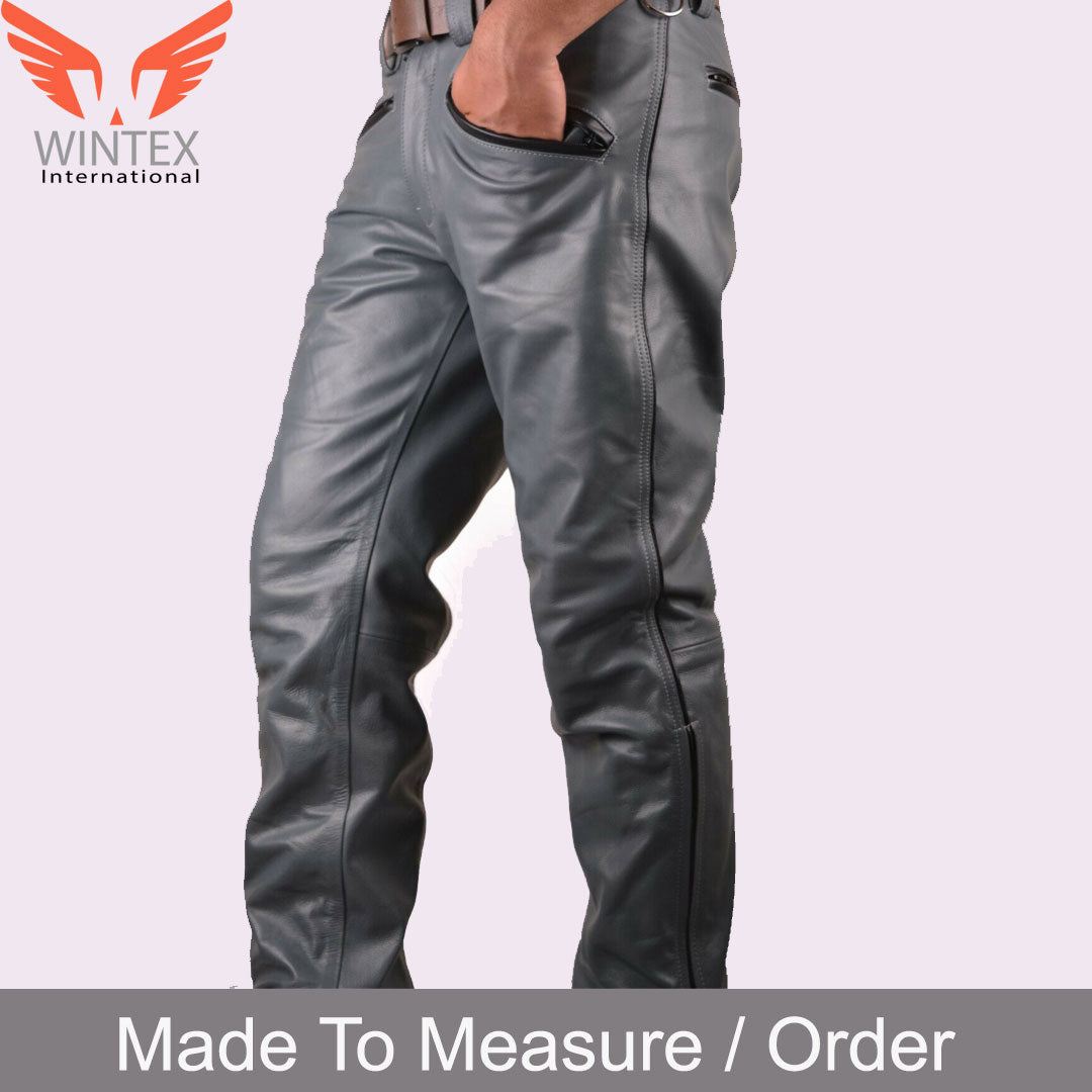 Men’s Real Cowhide Leather Bikers Pants Bikers Grey Leather BLUF Bikers Pants