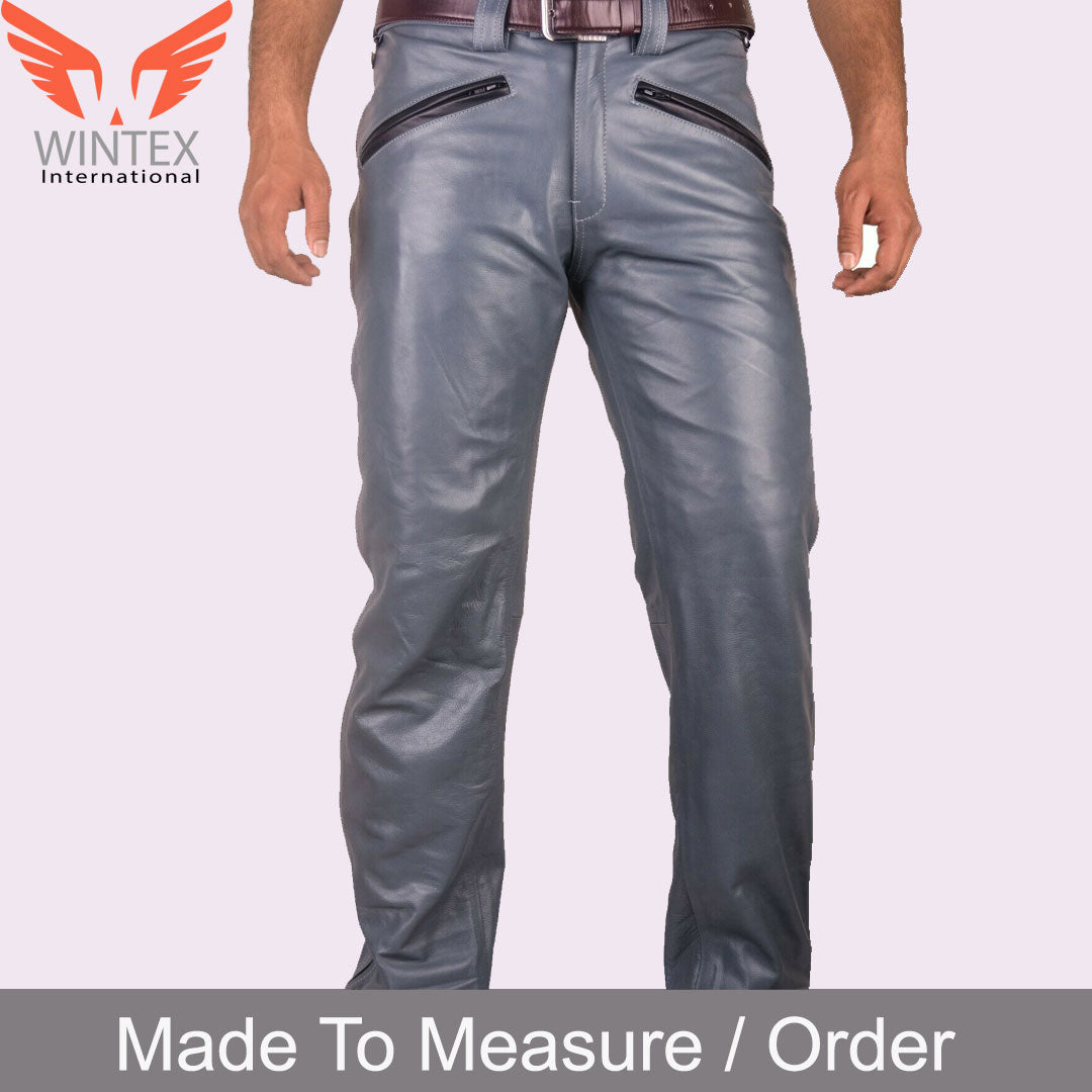 Men’s Real Cowhide Leather Bikers Pants Bikers Grey Leather BLUF Bikers Pants