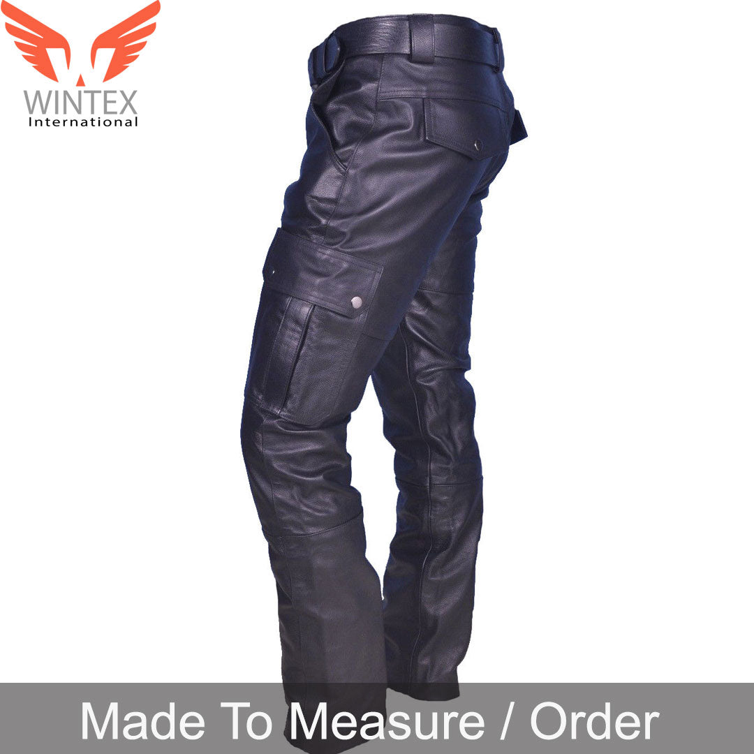 Men’s Real Cowhide Leather Cargo Pants Bikers Pants With Cargo Pockets
