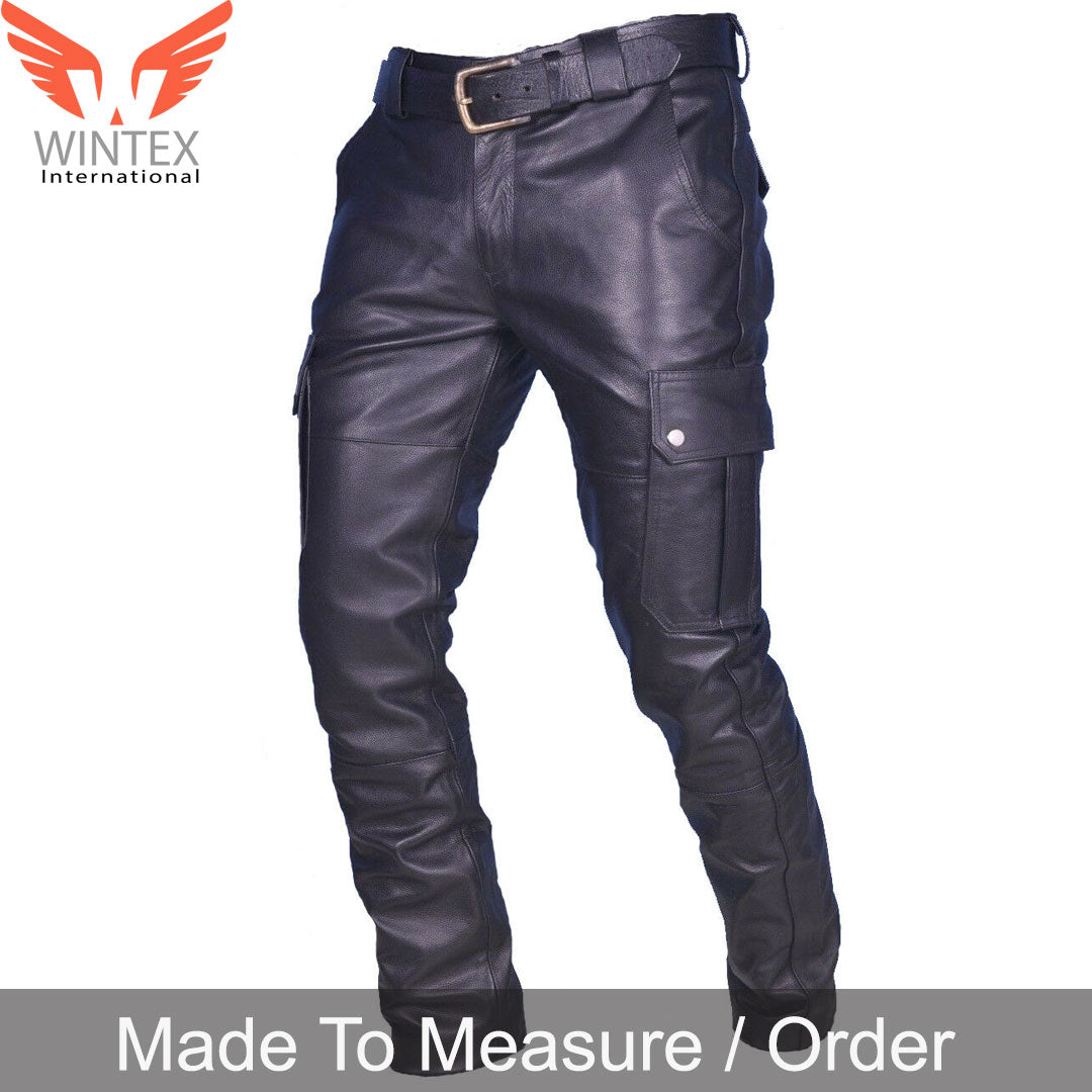 Men’s Real Cowhide Leather Cargo Pants Bikers Pants With Cargo Pockets