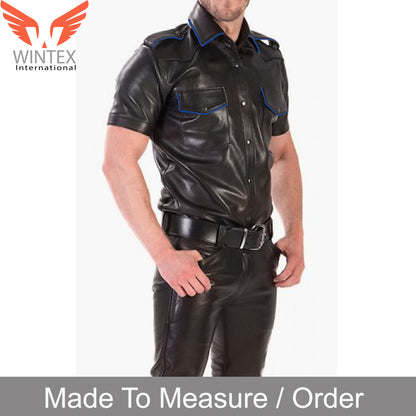 Men’s Real Lamb Leather Police Uniform Shirt Short Sleeves Shirt IN 3 COLORS Piping