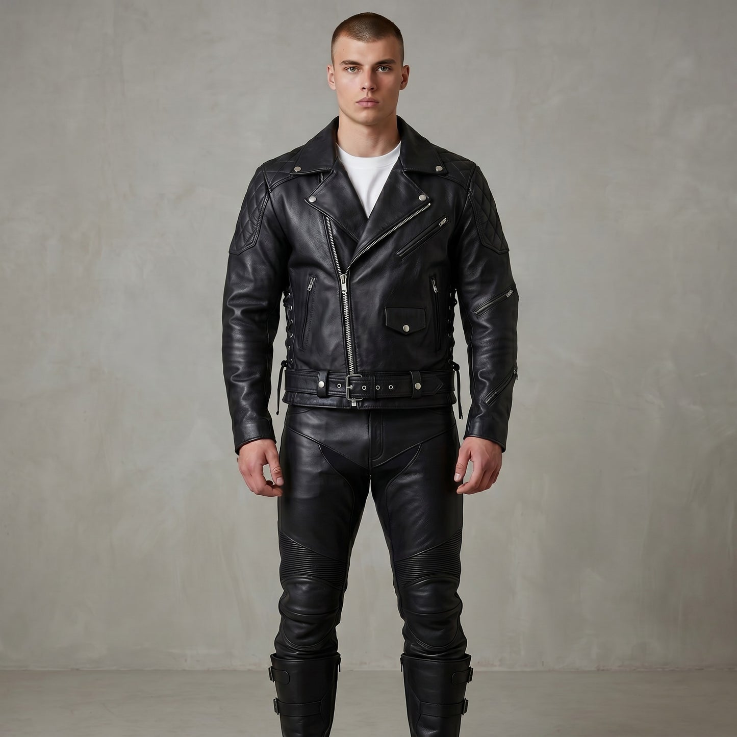 Real Natural Cow Leather Bikers Quilted Panels Jacket