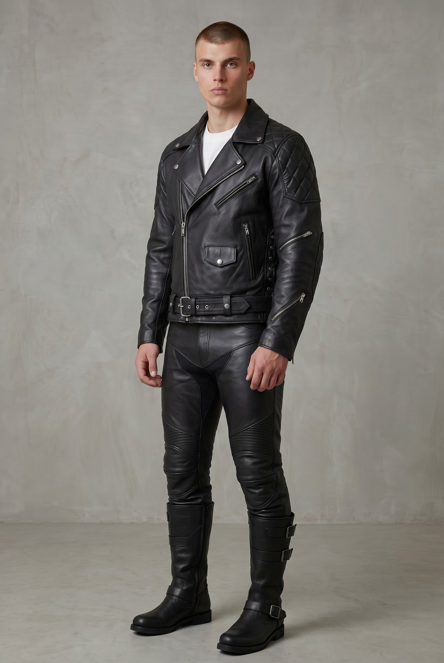 Real Natural Cow Leather Bikers Quilted Panels Jacket
