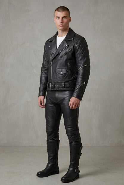 Real Natural Cow Leather Bikers Quilted Panels Jacket