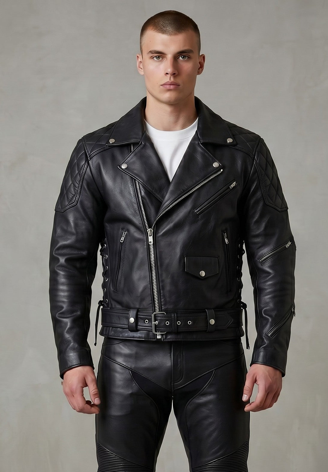 Real Natural Cow Leather Bikers Quilted Panels Jacket