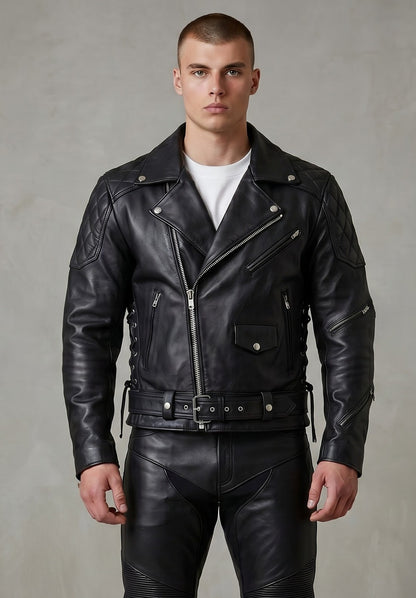 Real Natural Cow Leather Bikers Quilted Panels Jacket