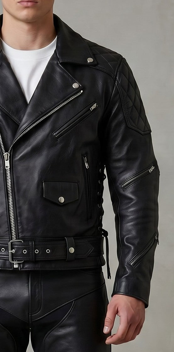 Real Natural Cow Leather Bikers Quilted Panels Jacket