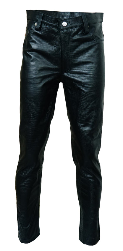 Men's Real Cowhide Crocodile Print Leather Bikers Pants 5 Pockets Pants 501 Style Leather Pants