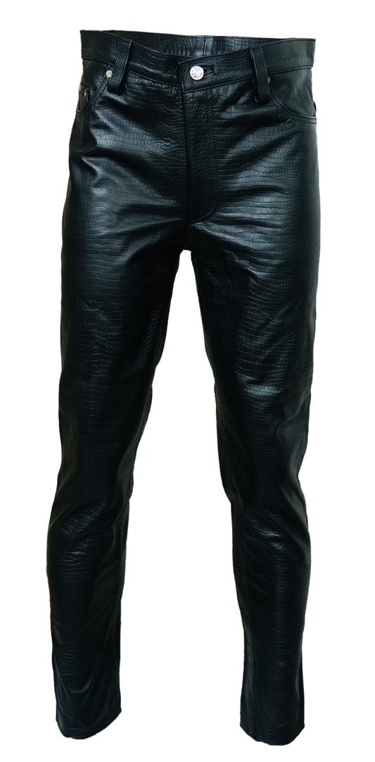 Men's Real Cowhide Crocodile Print Leather Bikers Pants 5 Pockets Pants 501 Style Leather Pants