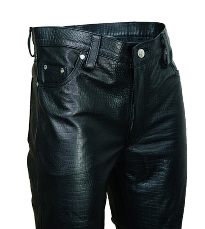 Men's Real Cowhide Crocodile Print Leather Bikers Pants 5 Pockets Pants 501 Style Leather Pants