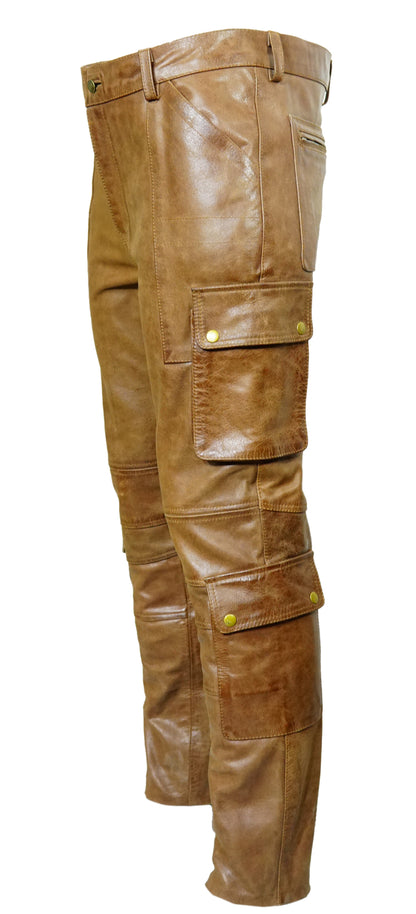 MEN'S REAL VINTAGE LEATHER CARGO  POCKETS PANTS BIKERS PANTS WITH MULTIPLE POCKETS
