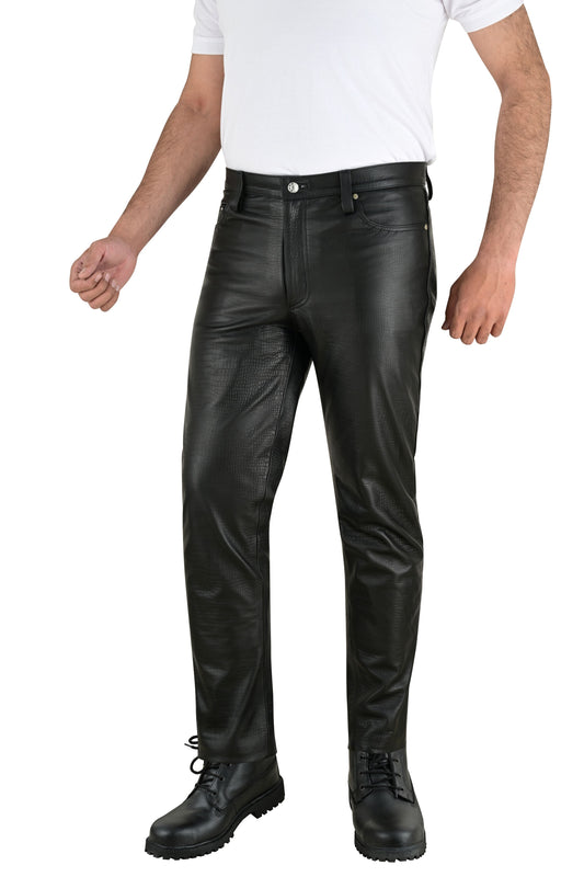 Men's Real Cowhide Crocodile Print Leather Bikers Pants 5 Pockets Pants 501 Style Leather Pants