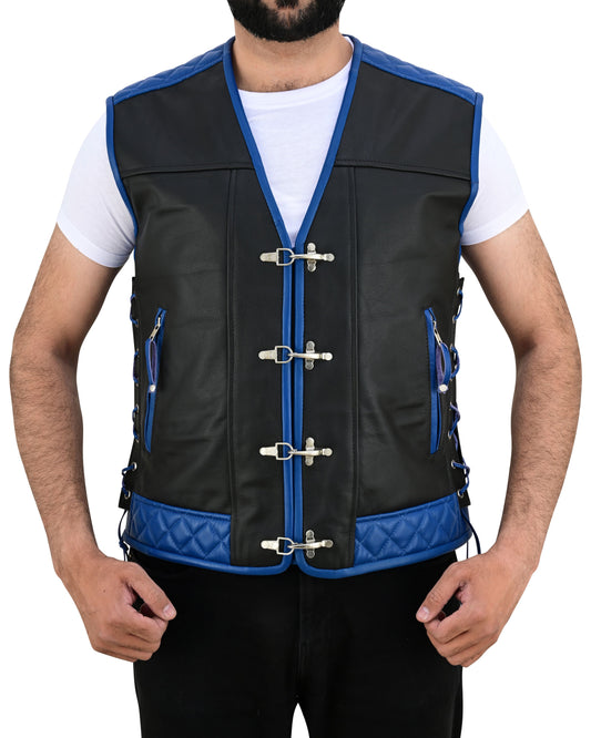 MEN'S REAL LEATHER VEST BIKERS VEST WITH QUILTED PANELS BLACK & BLUE BIKERS VEST