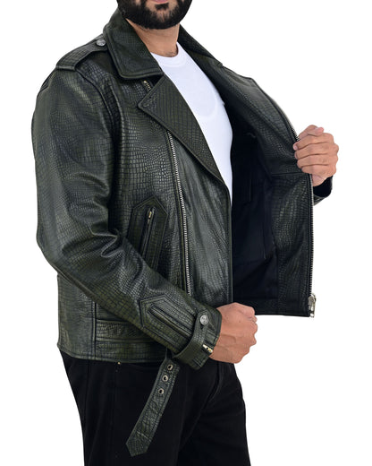 Men's Real Vintage Cowhide Crocodile Print Leather Bikers Jacket