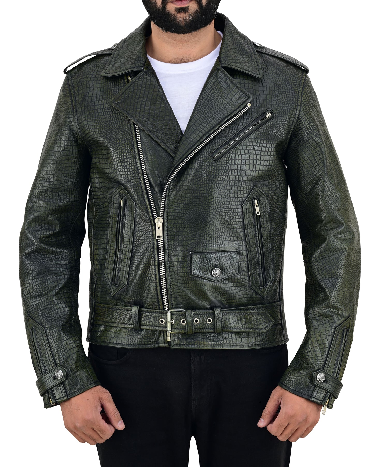 Men's Real Vintage Cowhide Crocodile Print Leather Bikers Jacket