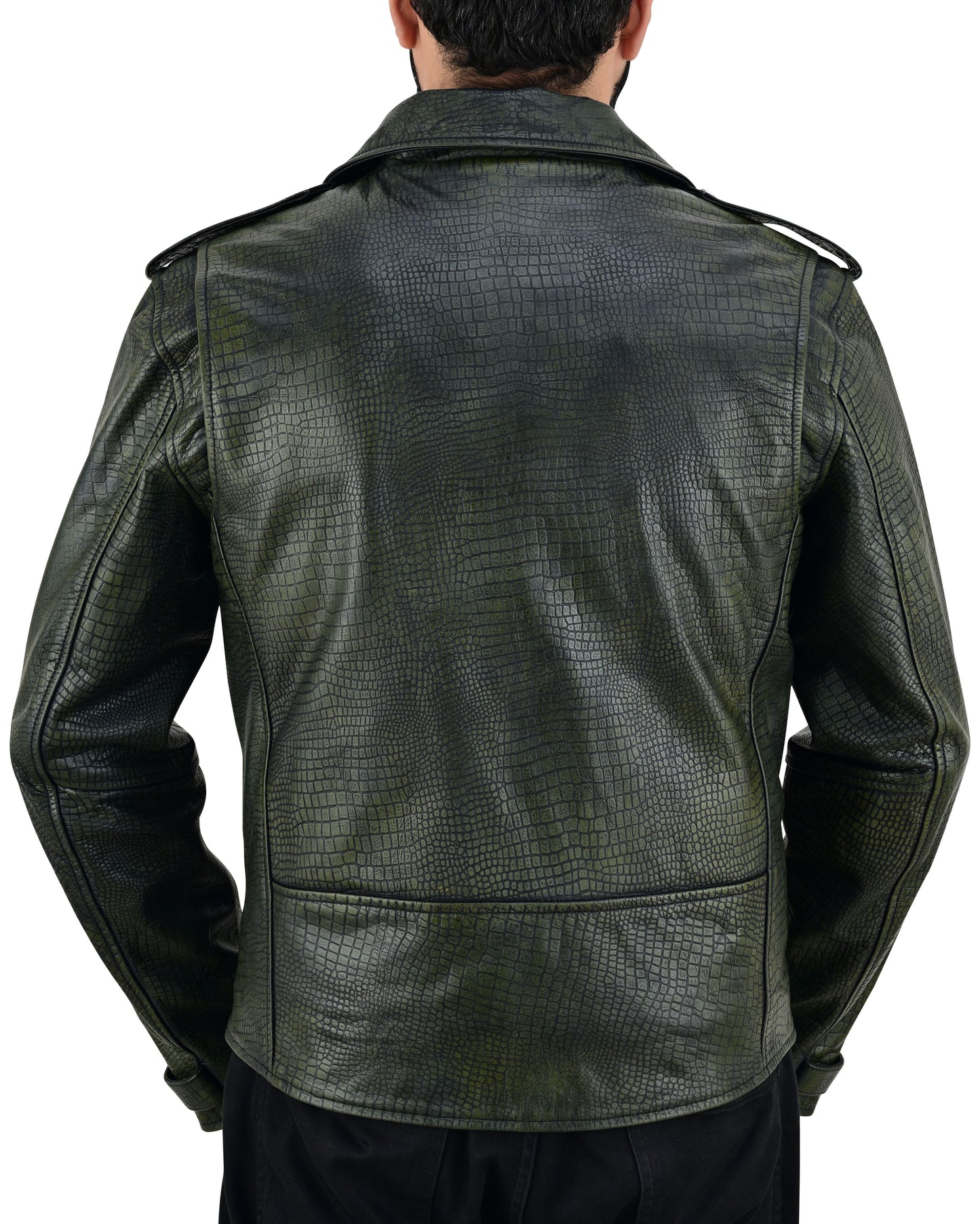 Men's Real Vintage Cowhide Crocodile Print Leather Bikers Jacket