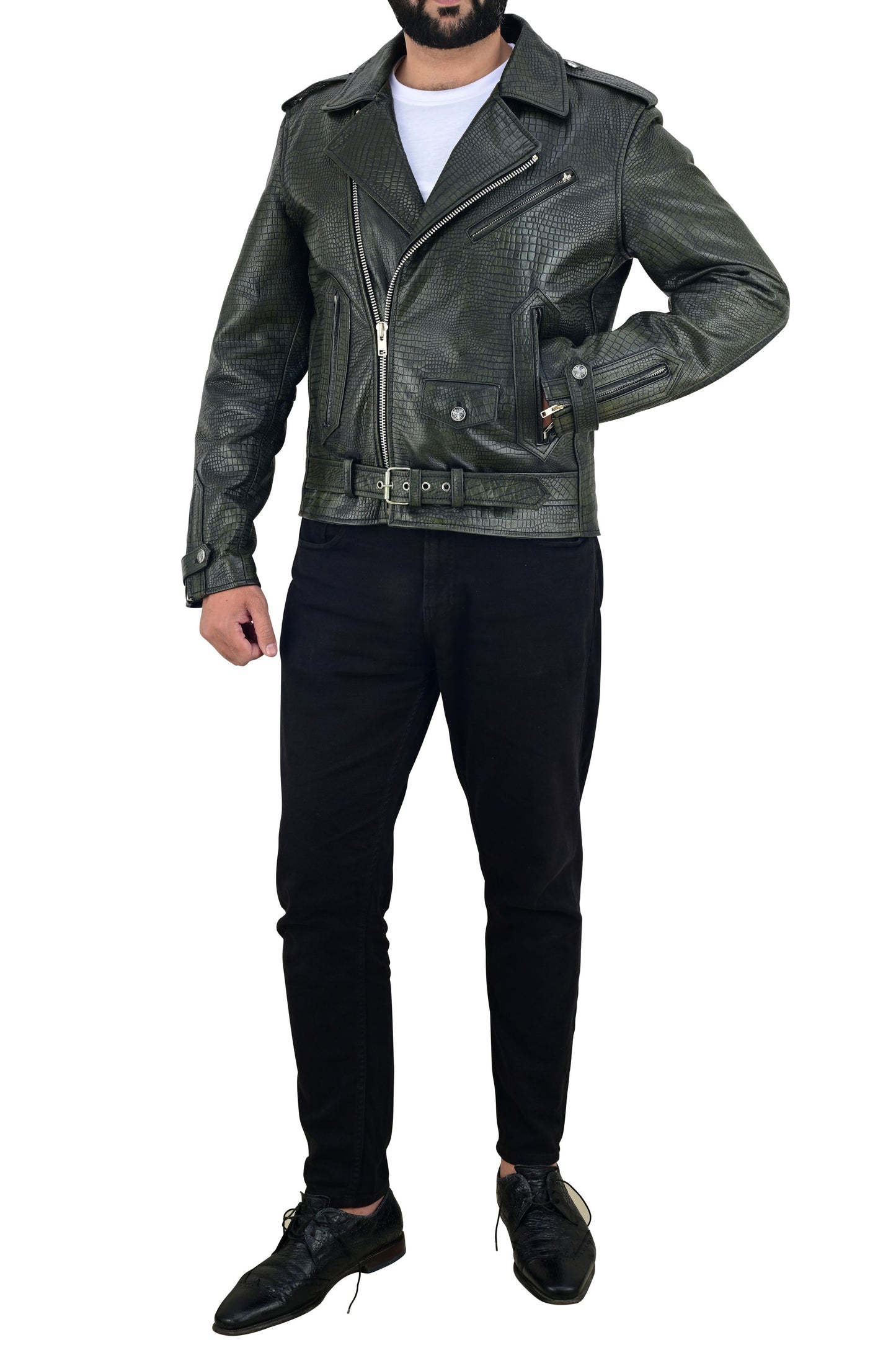 Men's Real Vintage Cowhide Crocodile Print Leather Bikers Jacket