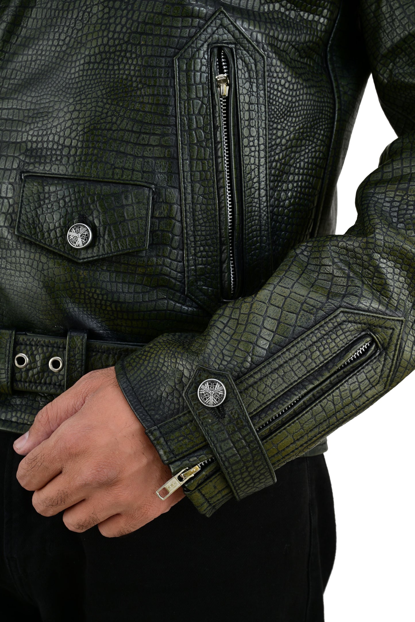 Men's Real Vintage Cowhide Crocodile Print Leather Bikers Jacket