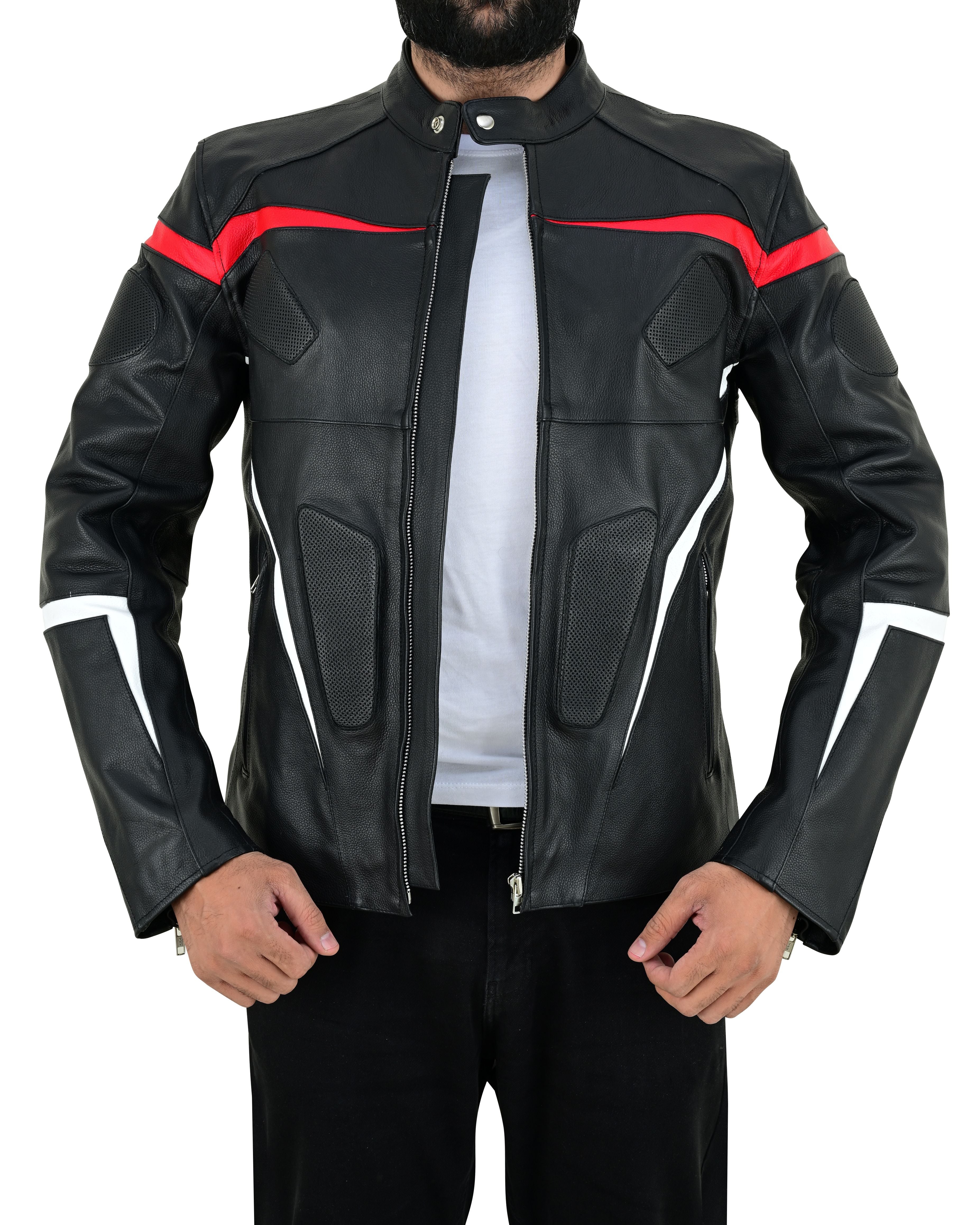 Men's Real Cowhide Leather Bikers Jacket Fringes At Sleeves & Back With Quilted Panels