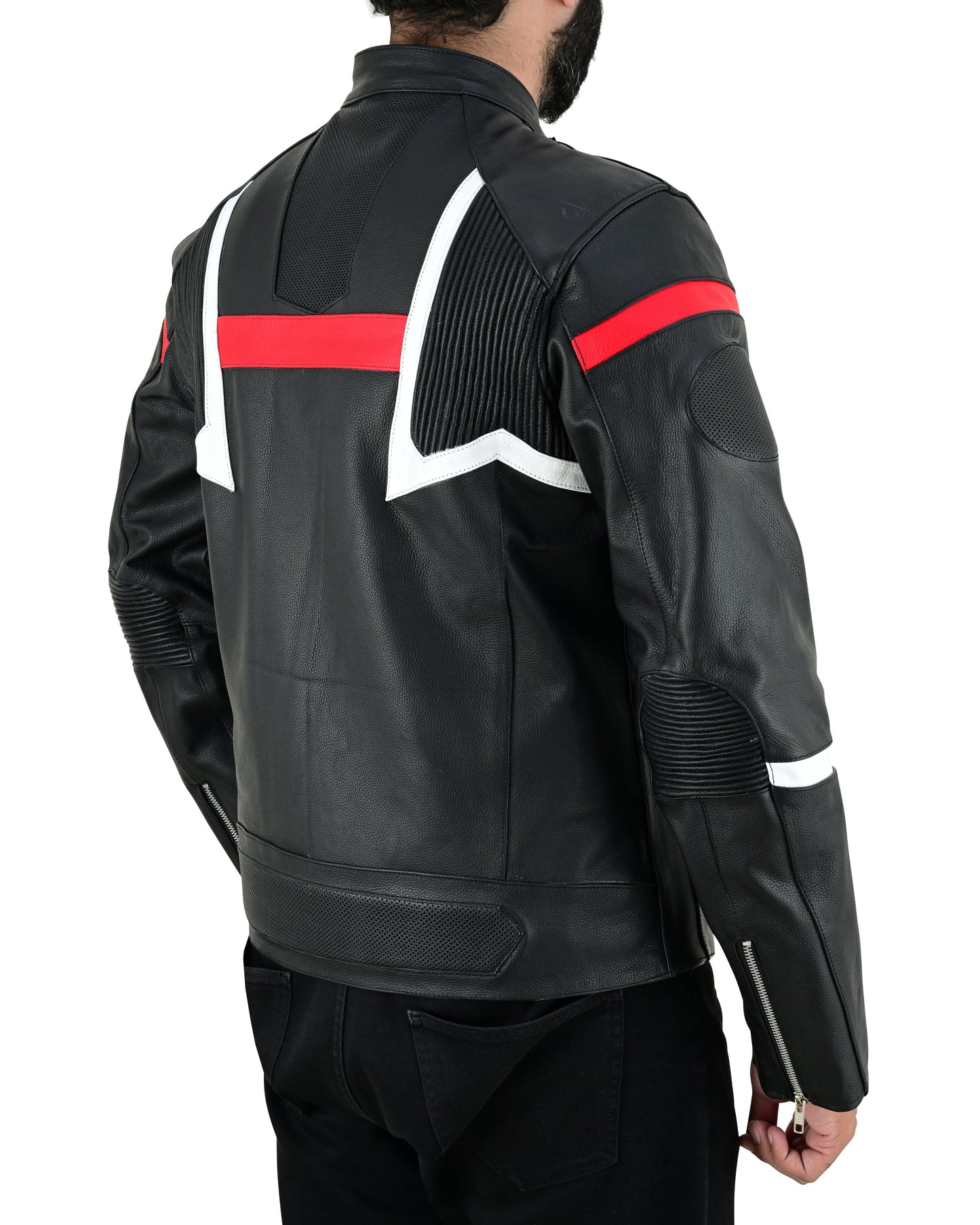 Men's Real Cowhide Leather Bikers Jacket Fringes At Sleeves & Back With Quilted Panels