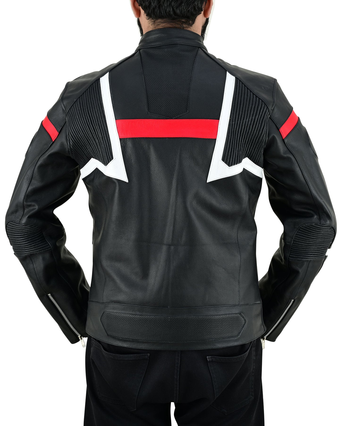 Men's Real Cowhide Leather Bikers Jacket Fringes At Sleeves & Back With Quilted Panels
