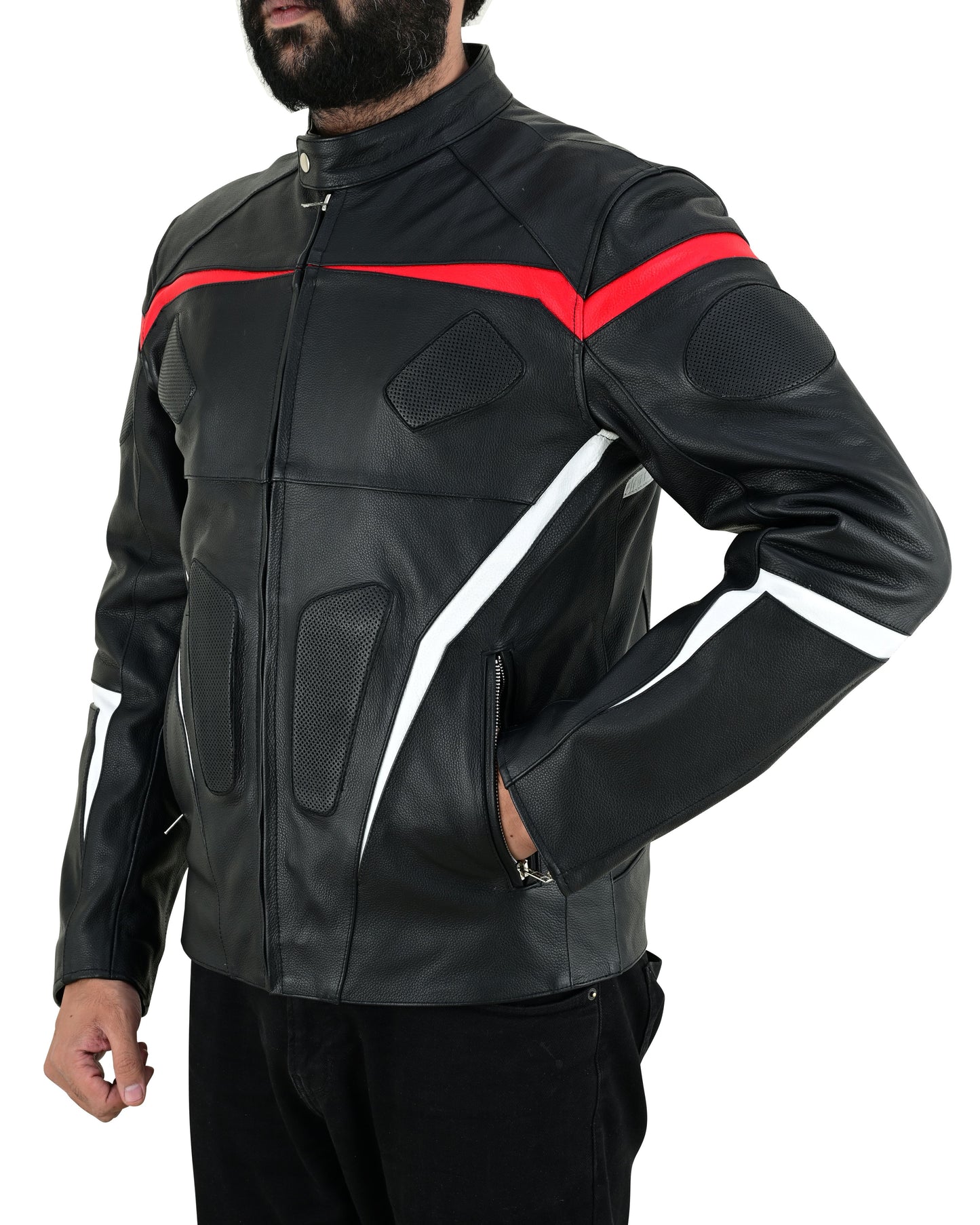 Men's Real Cowhide Leather Bikers Jacket Fringes At Sleeves & Back With Quilted Panels