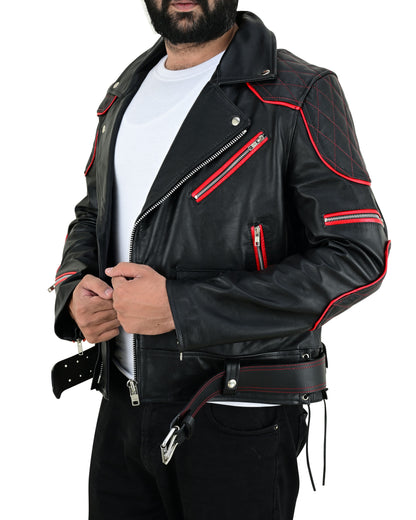 Men's Real Cow Leather Bikers Jacket Quilted Sleeve & Back Panels With Red Leather Accent