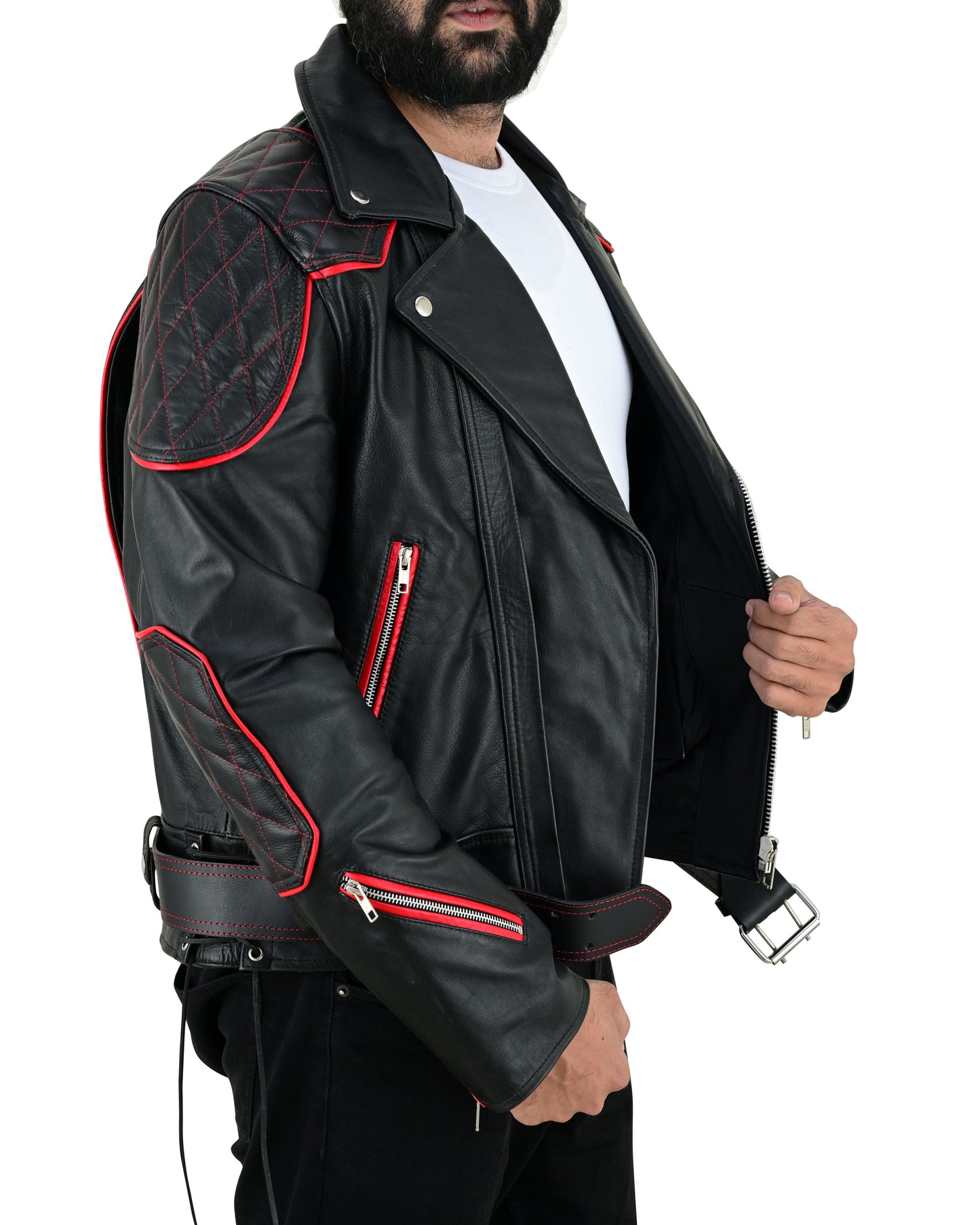 Men's Real Cow Leather Bikers Jacket Quilted Sleeve & Back Panels With Red Leather Accent