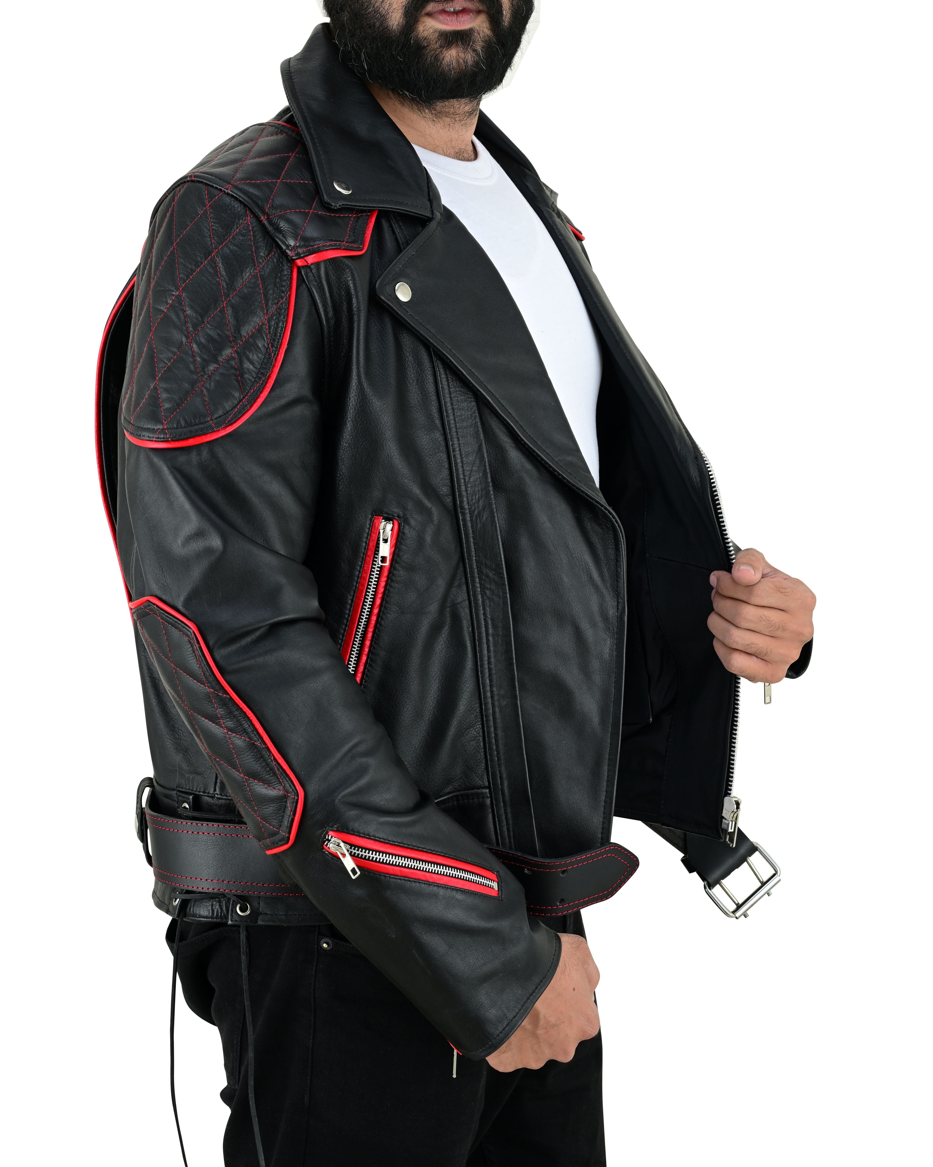 Men's Real Cow Leather Bikers Jacket Quilted Sleeve & Back Panels With Red Leather Accent