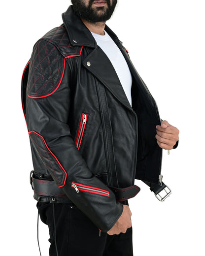 Men's Real Cow Leather Bikers Jacket Quilted Sleeve & Back Panels With Red Leather Accent