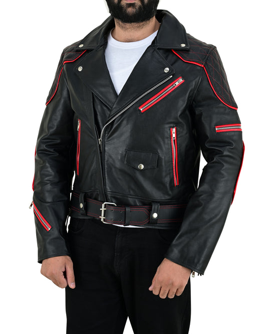 Men's Real Cow Leather Bikers Jacket Quilted Sleeve & Back Panels With Red Leather Accent