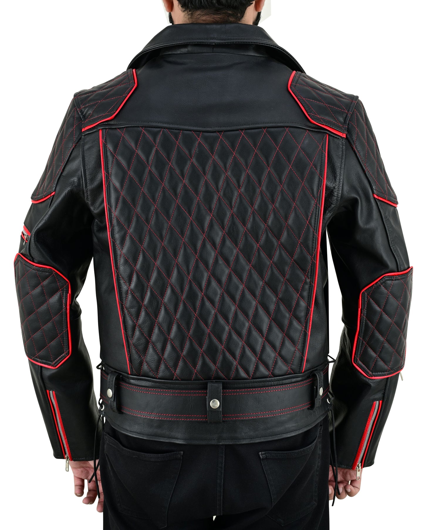 Men's Real Cow Leather Bikers Jacket Quilted Sleeve & Back Panels With Red Leather Accent