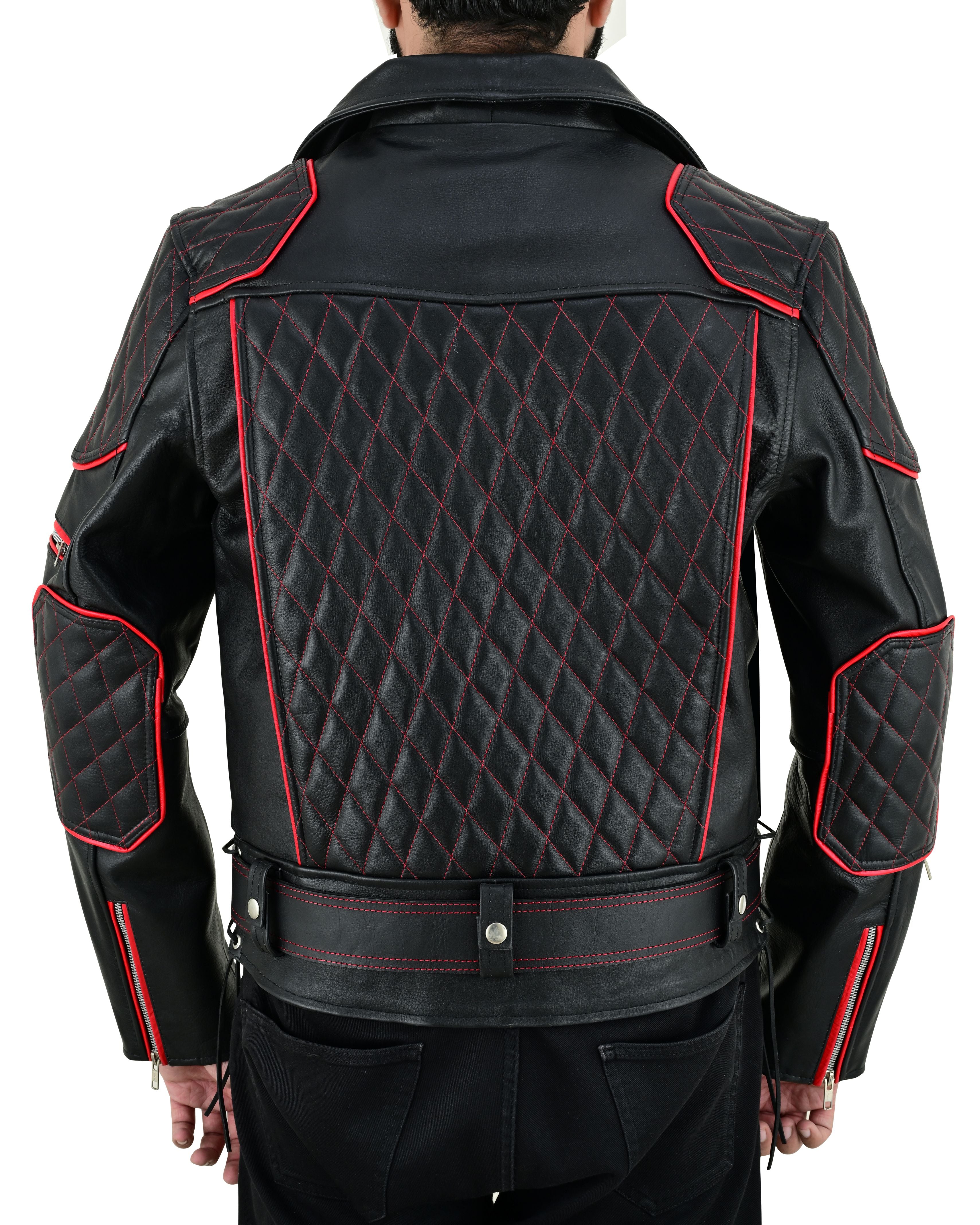 Men's Real Cow Leather Bikers Jacket Quilted Sleeve & Back Panels With Red Leather Accent