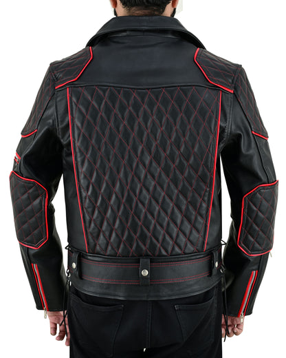 Men's Real Cow Leather Bikers Jacket Quilted Sleeve & Back Panels With Red Leather Accent