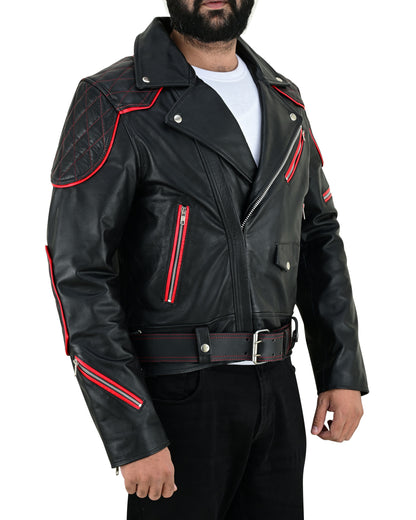 Men's Real Cow Leather Bikers Jacket Quilted Sleeve & Back Panels With Red Leather Accent