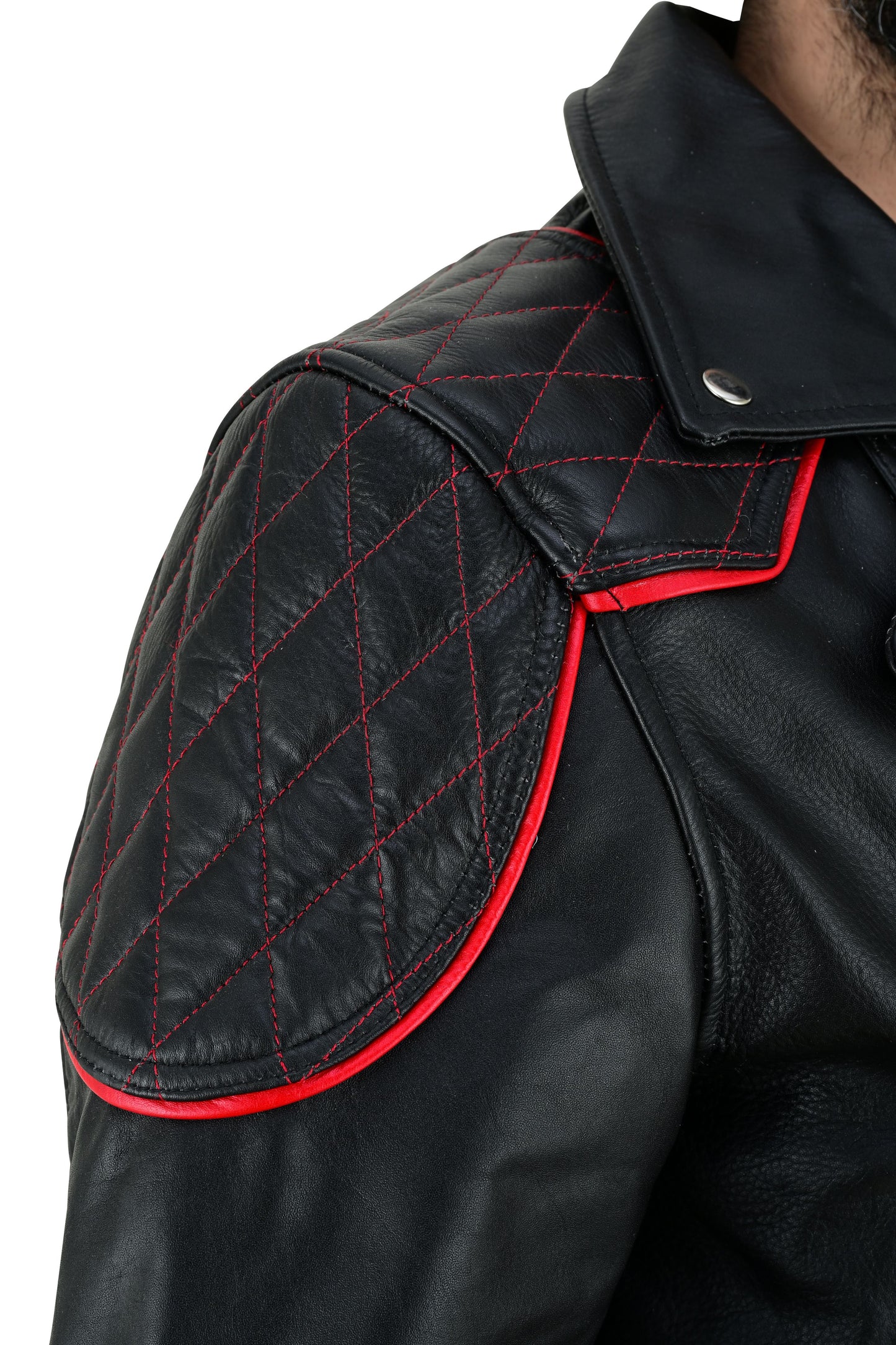 Men's Real Cow Leather Bikers Jacket Quilted Sleeve & Back Panels With Red Leather Accent