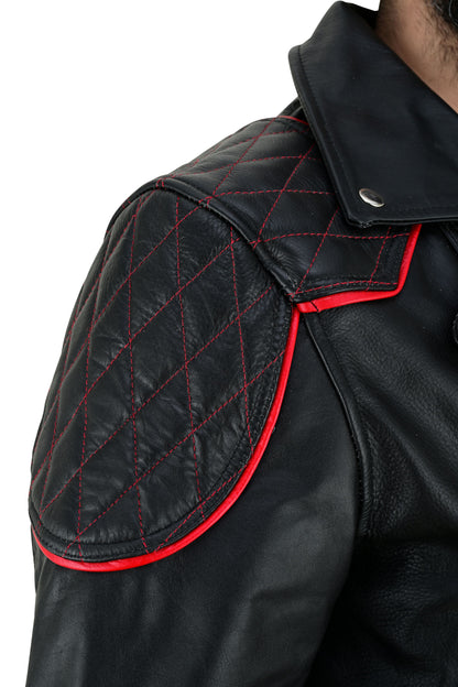 Men's Real Cow Leather Bikers Jacket Quilted Sleeve & Back Panels With Red Leather Accent