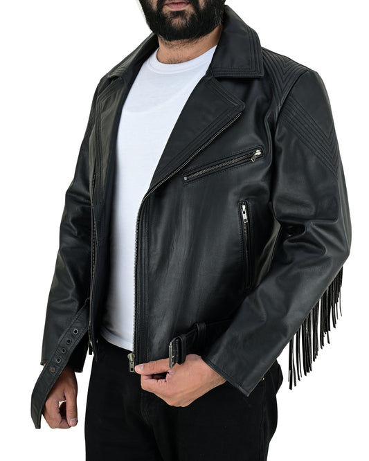 Men's Real Cowhide Leather Bikers Jacket Fringes At Sleeves & Back With Quilted Panels