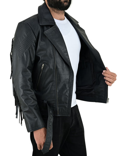 Men's Real Cowhide Leather Bikers Jacket Fringes At Sleeves & Back With Quilted Panels