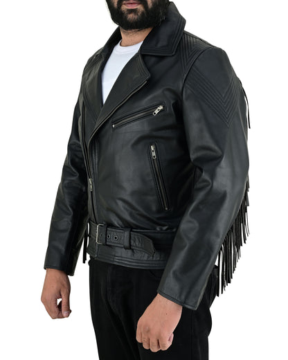Men's Real Cowhide Leather Bikers Jacket Fringes At Sleeves & Back With Quilted Panels