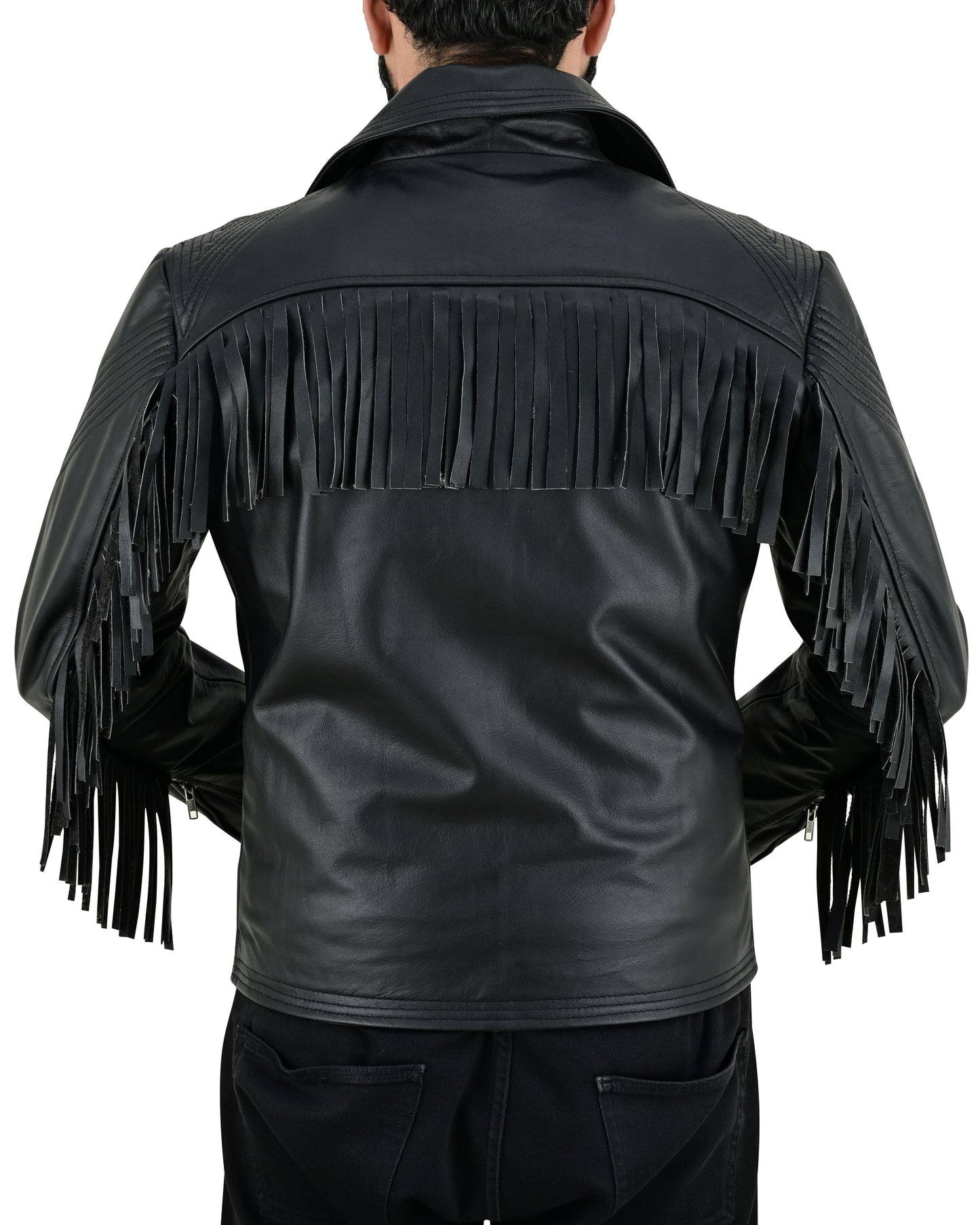 Men's Real Cowhide Leather Bikers Jacket Fringes At Sleeves & Back With Quilted Panels