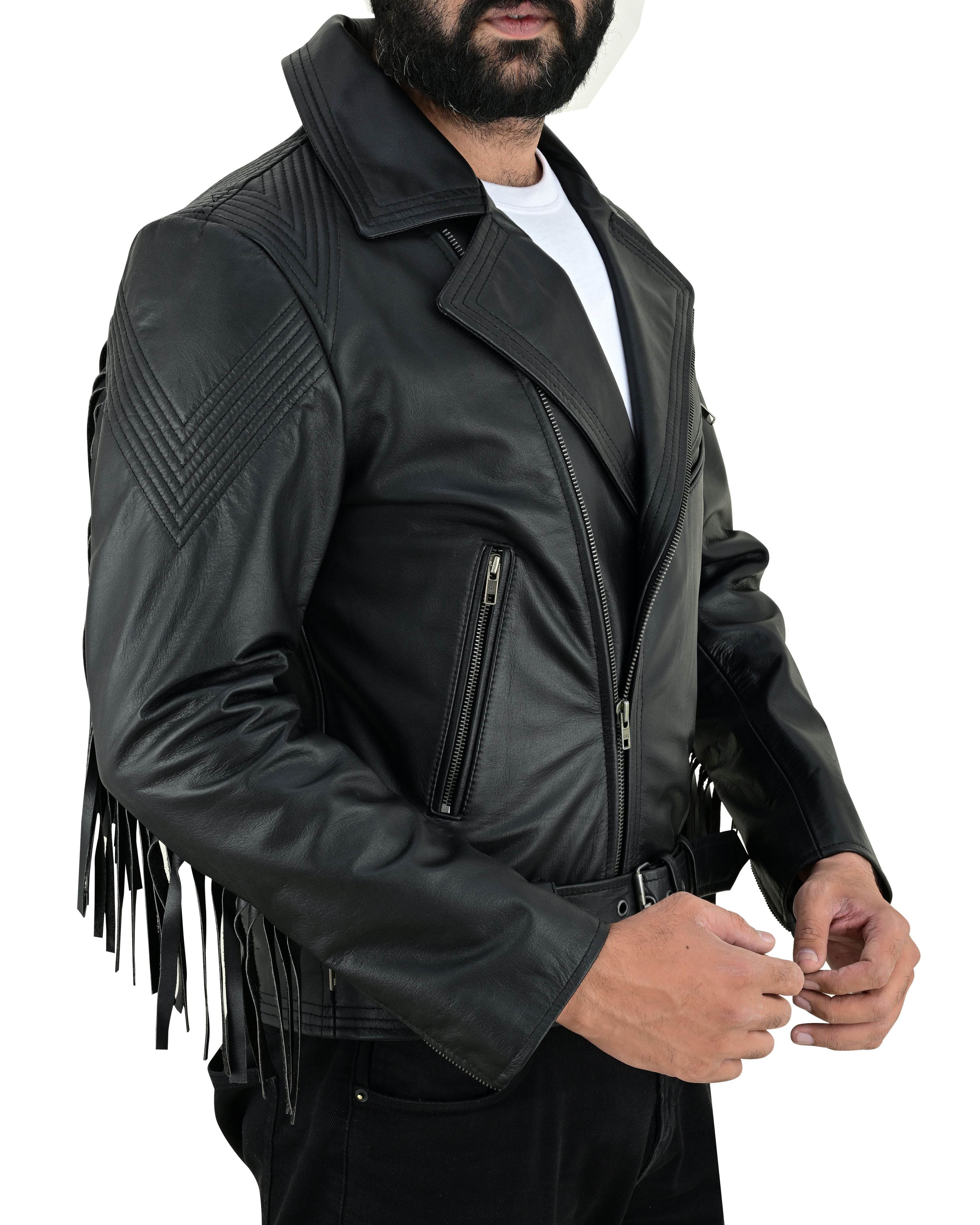 Men's Real Cowhide Leather Bikers Jacket Fringes At Sleeves & Back With Quilted Panels