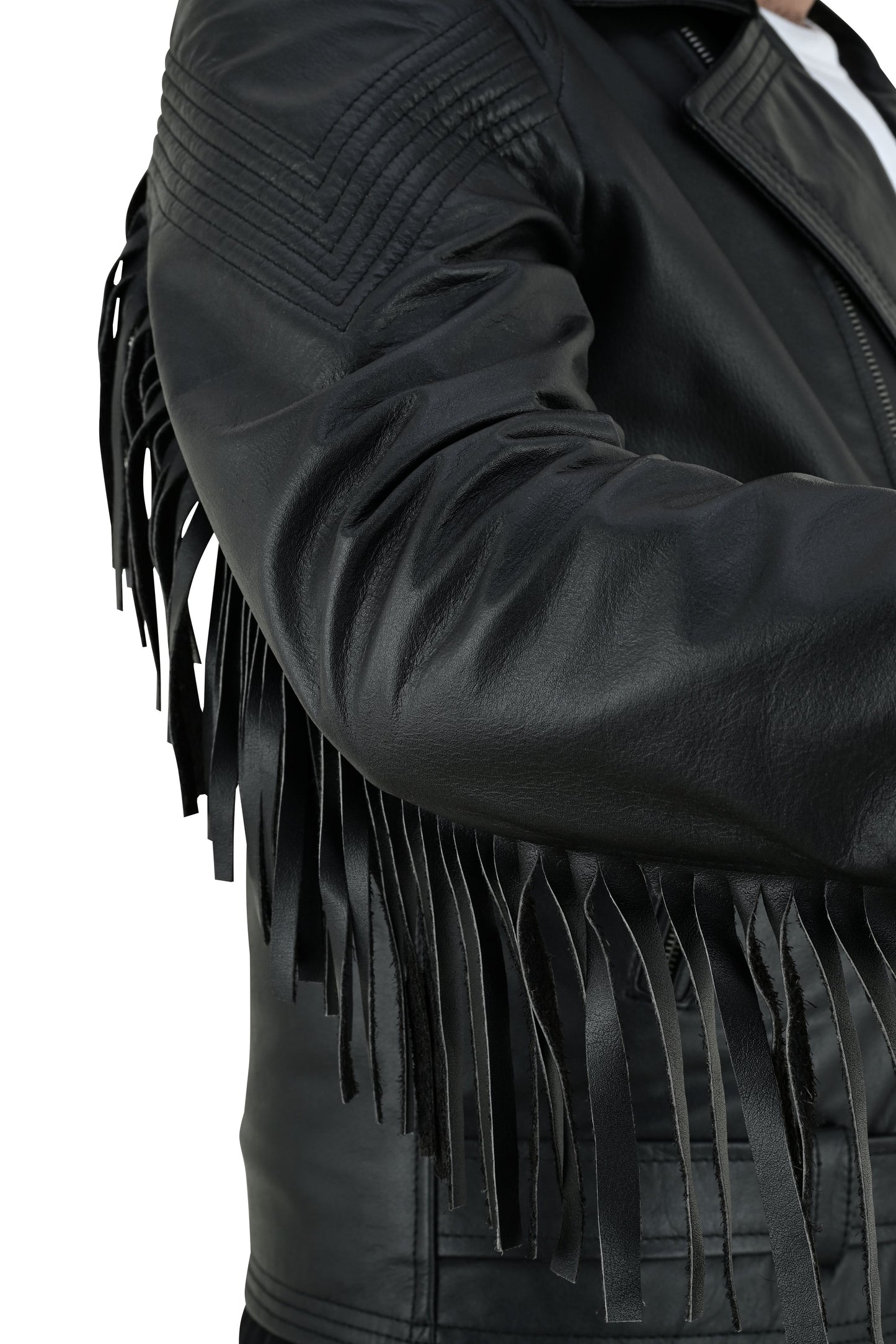 Men's Real Cowhide Leather Bikers Jacket Fringes At Sleeves & Back With Quilted Panels