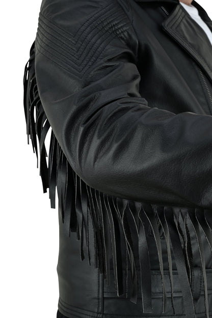 Men's Real Cowhide Leather Bikers Jacket Fringes At Sleeves & Back With Quilted Panels