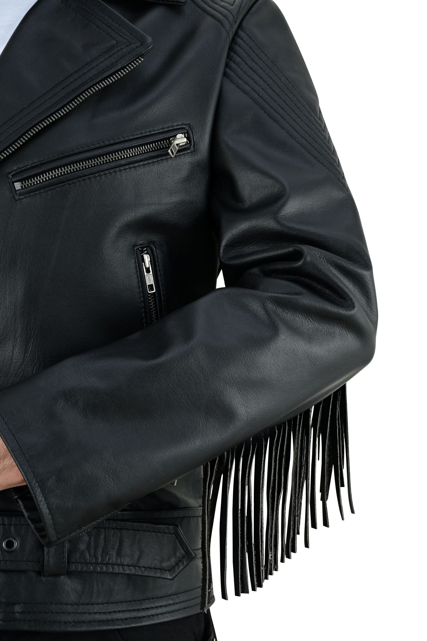 Men's Real Cowhide Leather Bikers Jacket Fringes At Sleeves & Back With Quilted Panels