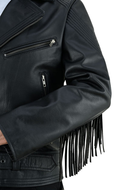 Men's Real Cowhide Leather Bikers Jacket Fringes At Sleeves & Back With Quilted Panels