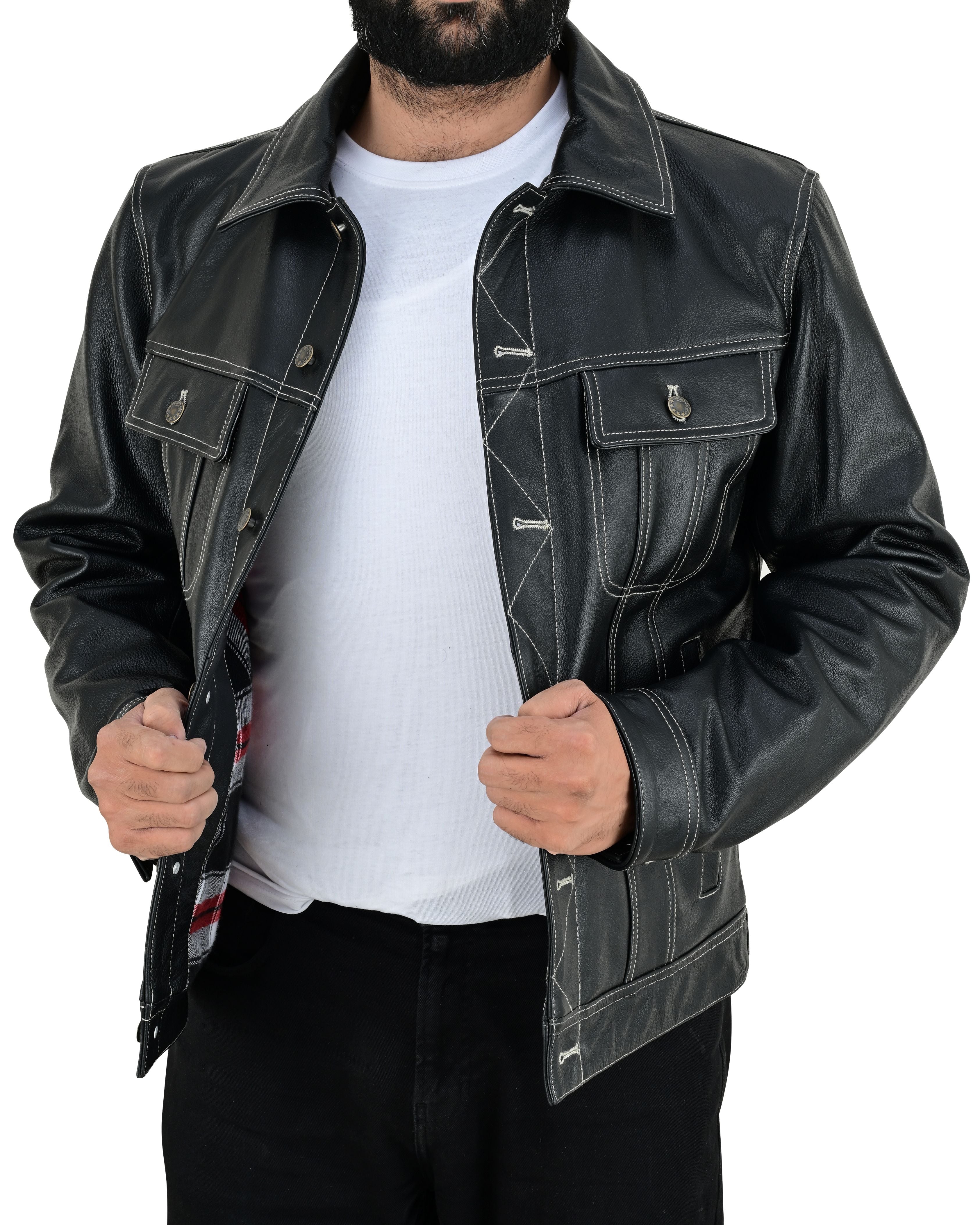 Men's Real Cow Leather Trucker Jacket Contrast White Thread Levi's Style Bikers Jacket