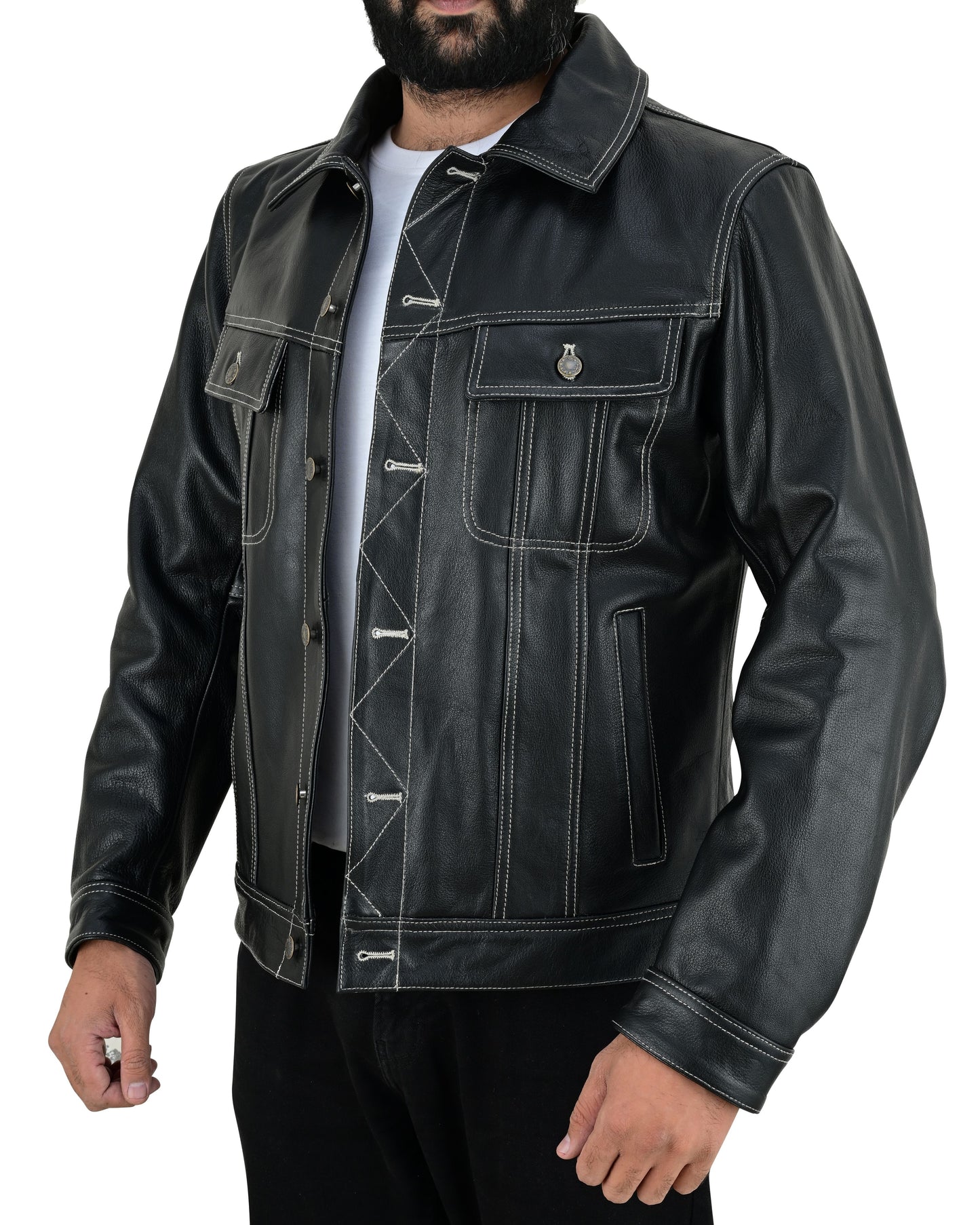 Men's Real Cow Leather Trucker Jacket Contrast White Thread Levi's Style Bikers Jacket