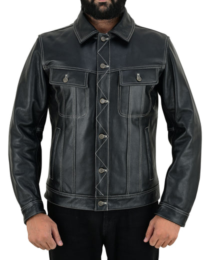 Men's Real Cow Leather Trucker Jacket Contrast White Thread Levi's Style Bikers Jacket